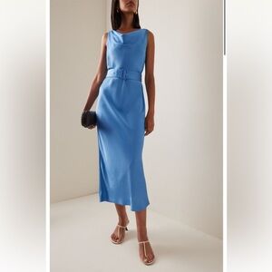 LAPOINTE Belted Satin Midi Dress blue size 4 (small)